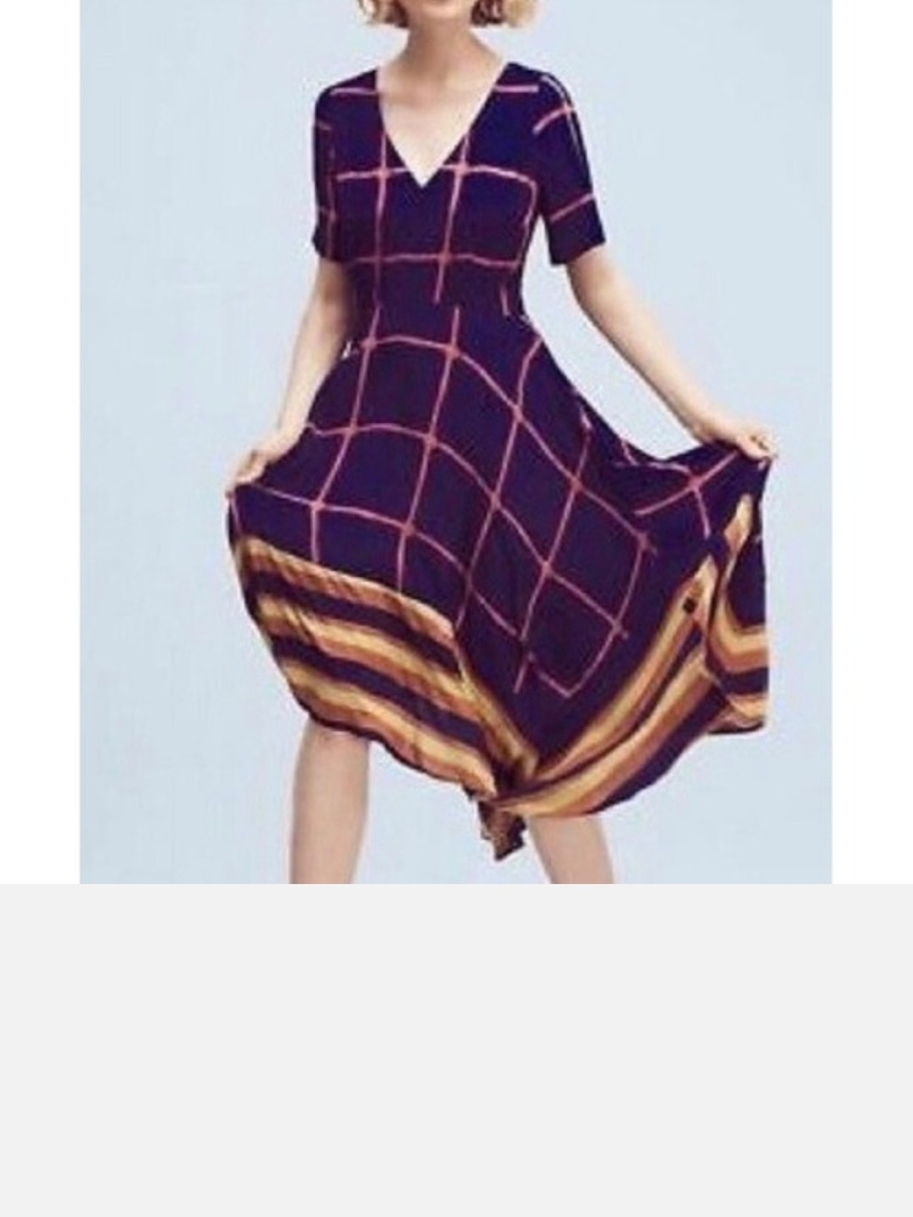 Navy Grid Print V-Neck Midi Dress with Gold Stripe Anthropologie Asymetrical Hem